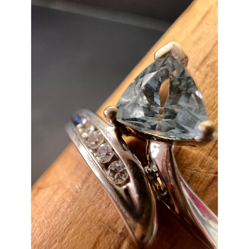 10k white gold Samuel Aaron trillion cut aquamarine and diamond ring size 6.5 - Picture 11 of 16